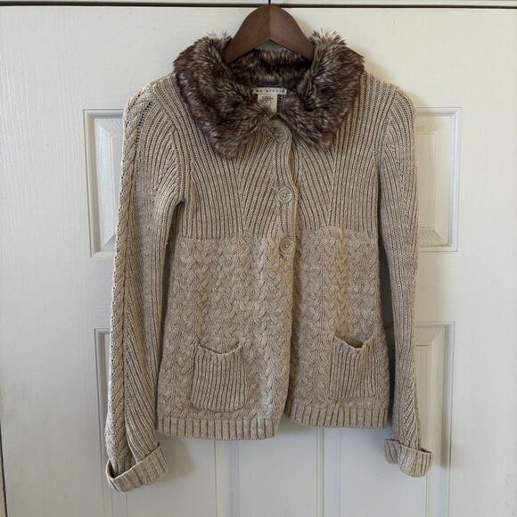 Womens Cable Knit Sweater Faux Fur Collar M Y2K Bohemian Hippie Comfy Indie City - Picture 2 of 11